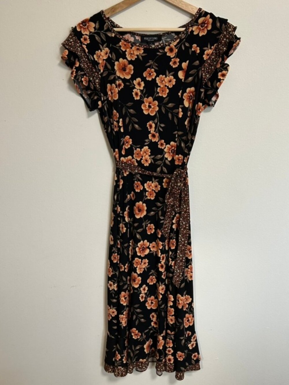 Perceptions NY Black Midi Dress Orange Floral Flowy Size S EUC Occasions Dress